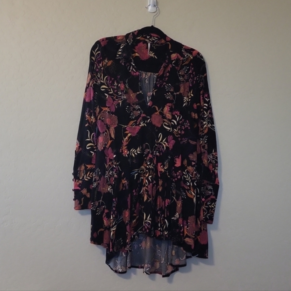 Free People Floral Tunic Mini Dress Black With Bold Pink Flowers Size S/P